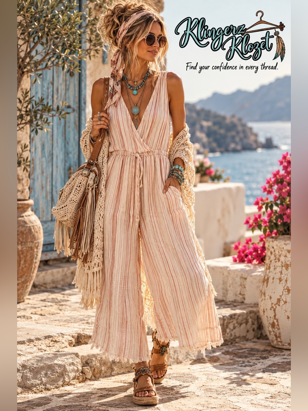 True Craft Peach Stripe Cotton Wide Leg Jumpsuit L Boho Coastal